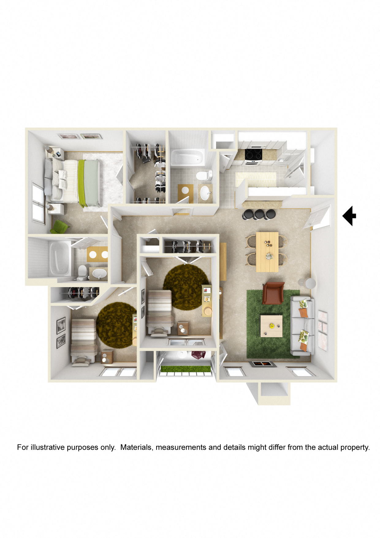 Floor plan for 3 beds, 2 baths, 1300 sqft